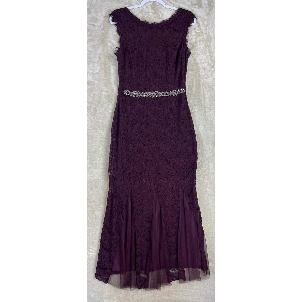 Betsy & Adam Womens 12 Purple Lace Rhinestone Waist Mermaid Evening Gown Dress